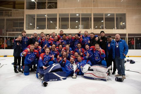 Skautafélag Reykjavíkur fagnar eftir sigur í oddaleik úrslitakeppninnar 2023. Mynd: Hafsteinn Snær Þ…